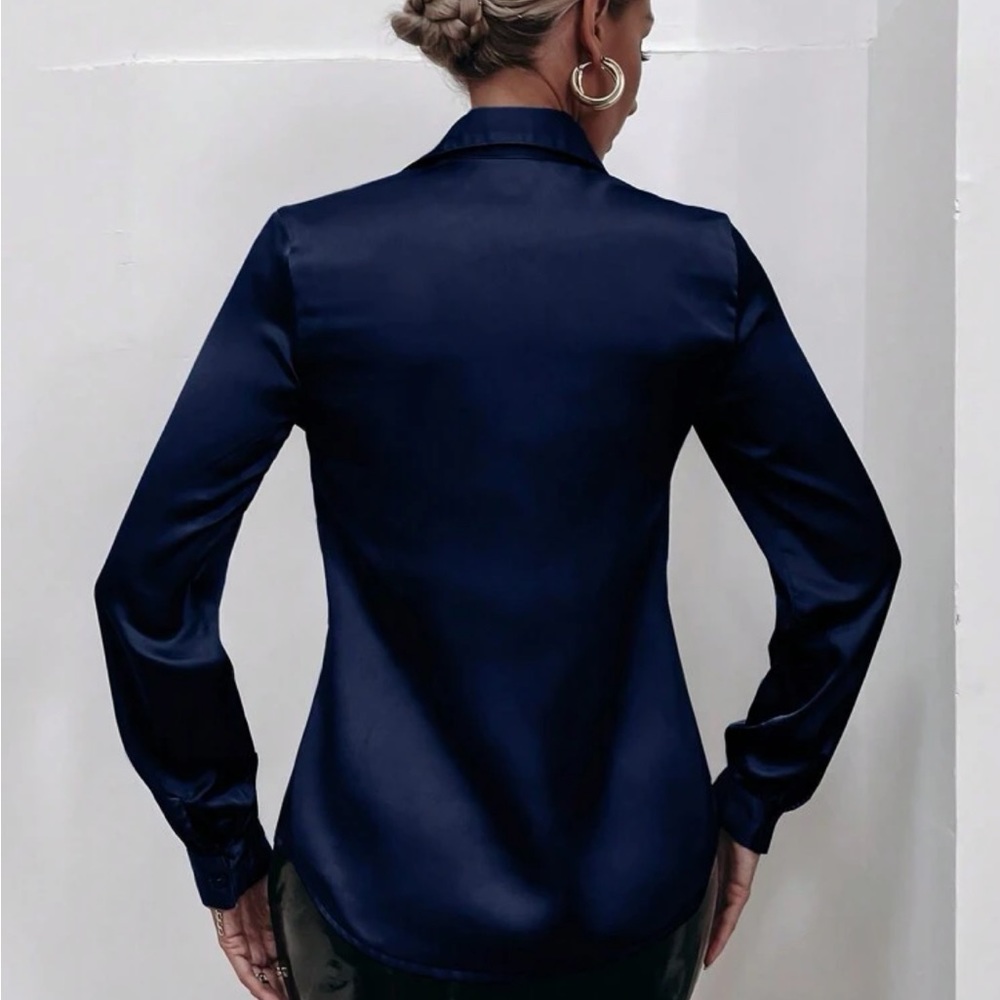 Luxe Stain Button Down Up Shirt Top Blouse Work Office Navy Blue - Picture 2 of 6